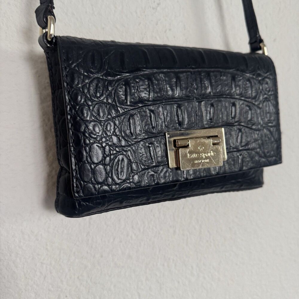 Kate Spade NY Shoulder / Crossbody Bag Navy Dark Blue Croc Embossed Leather Mini